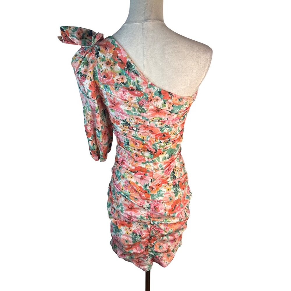 ZARA Floral One-Shoulder Ruched Mini Dress With Bow Detail - Picture 3 of 12